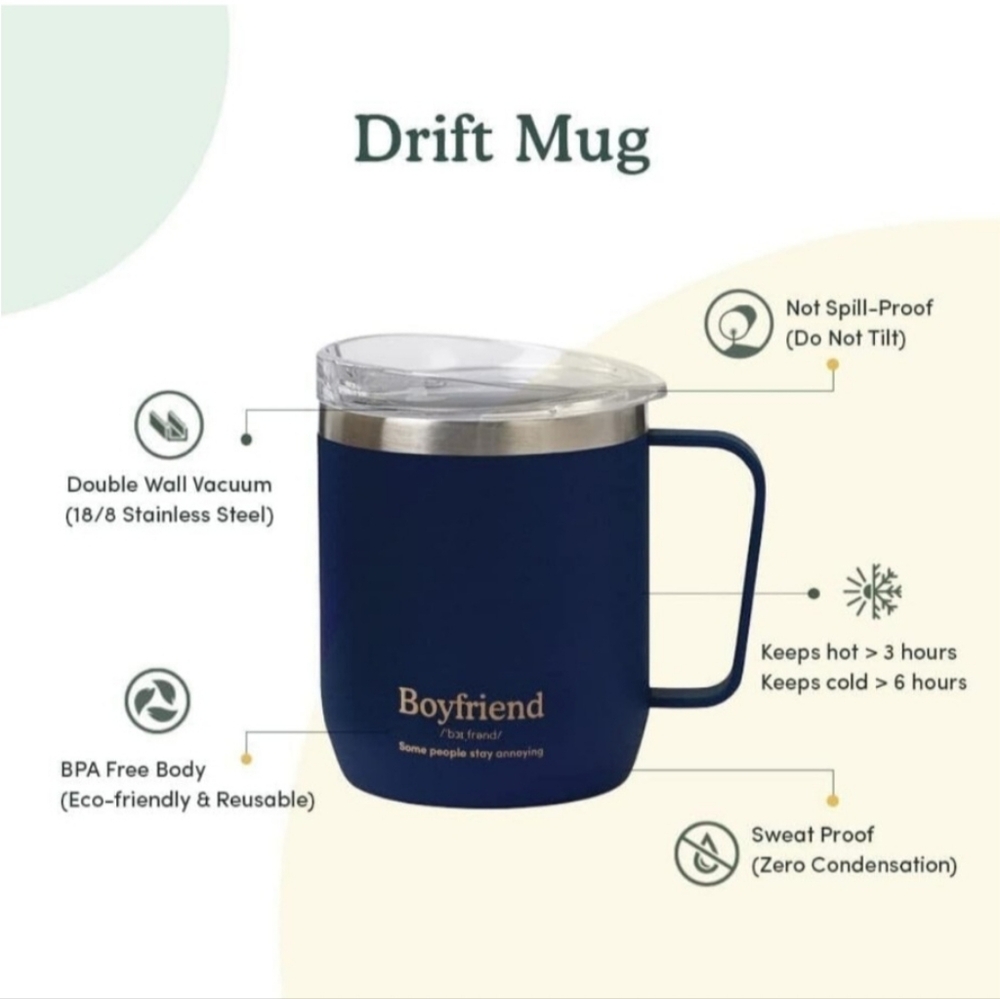 Vahdam Drift Mug "Boyfriend" Blue Coffe Mug Tea Travel Insulated 10 oz NIB GIFT